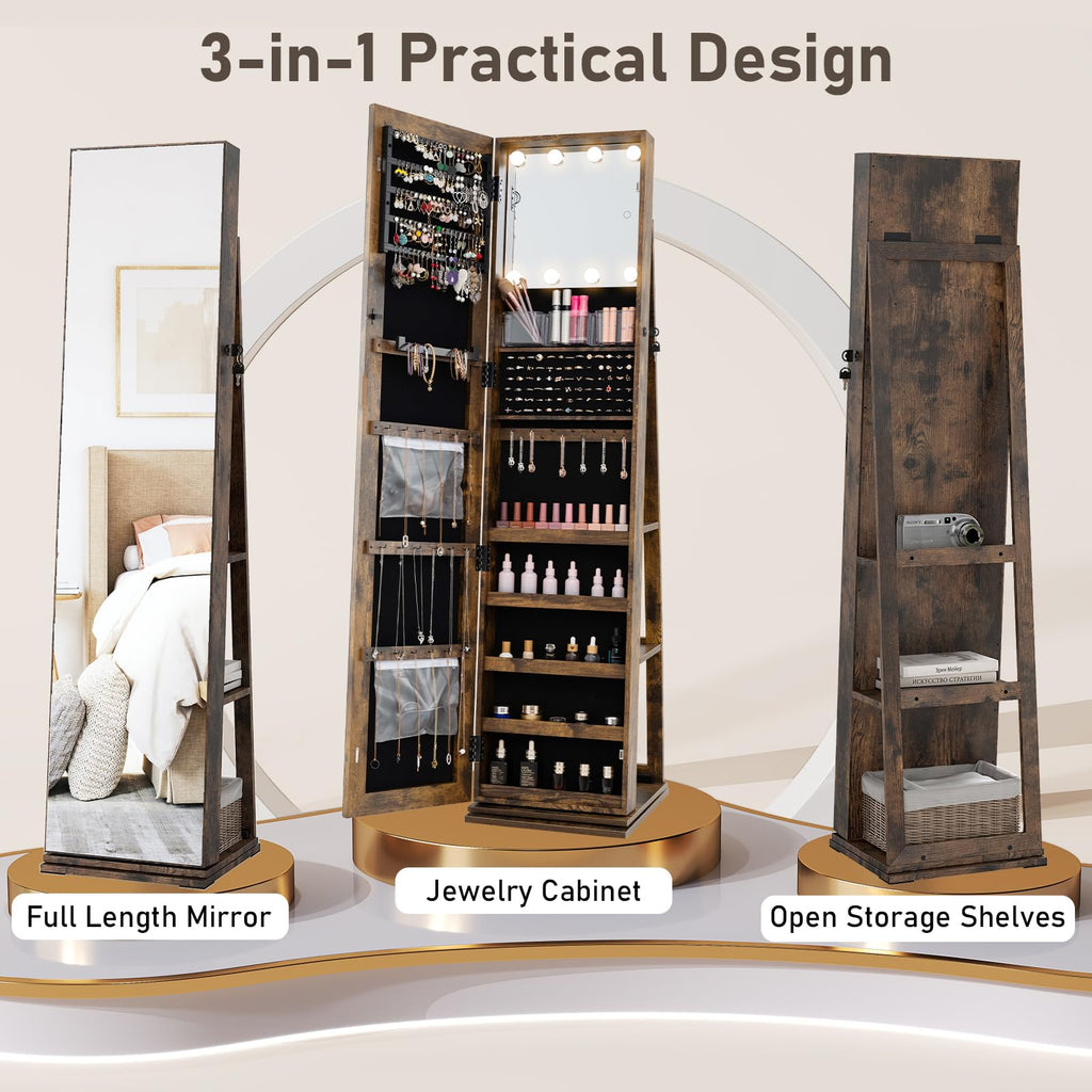 Swivel Jewelry Armoire with Full-Length Mirror & Lighted Makeup Mirror, 360° Rotating Jewelry Cabinet Organizer for