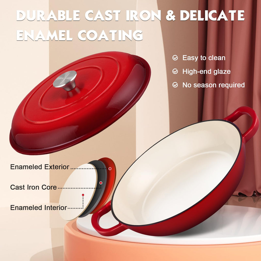 Enameled Cast Iron Dutch Oven - 3.8 QT Shallow Braiser with Recipe