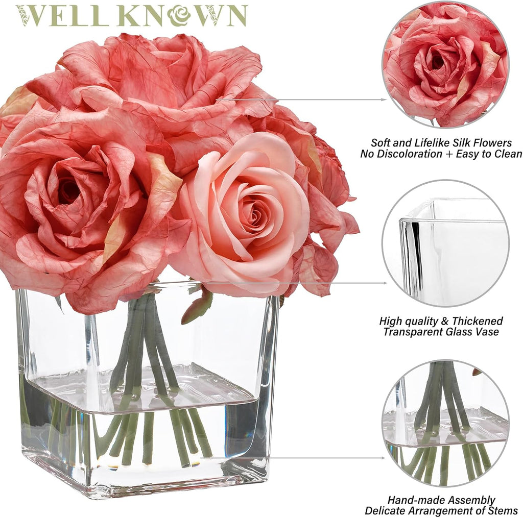 Rose Artificial Flowers in Vase with Faux Water, Silk Rose Table Centerpieces Coffee Table Decor, Bean Pasty Pink