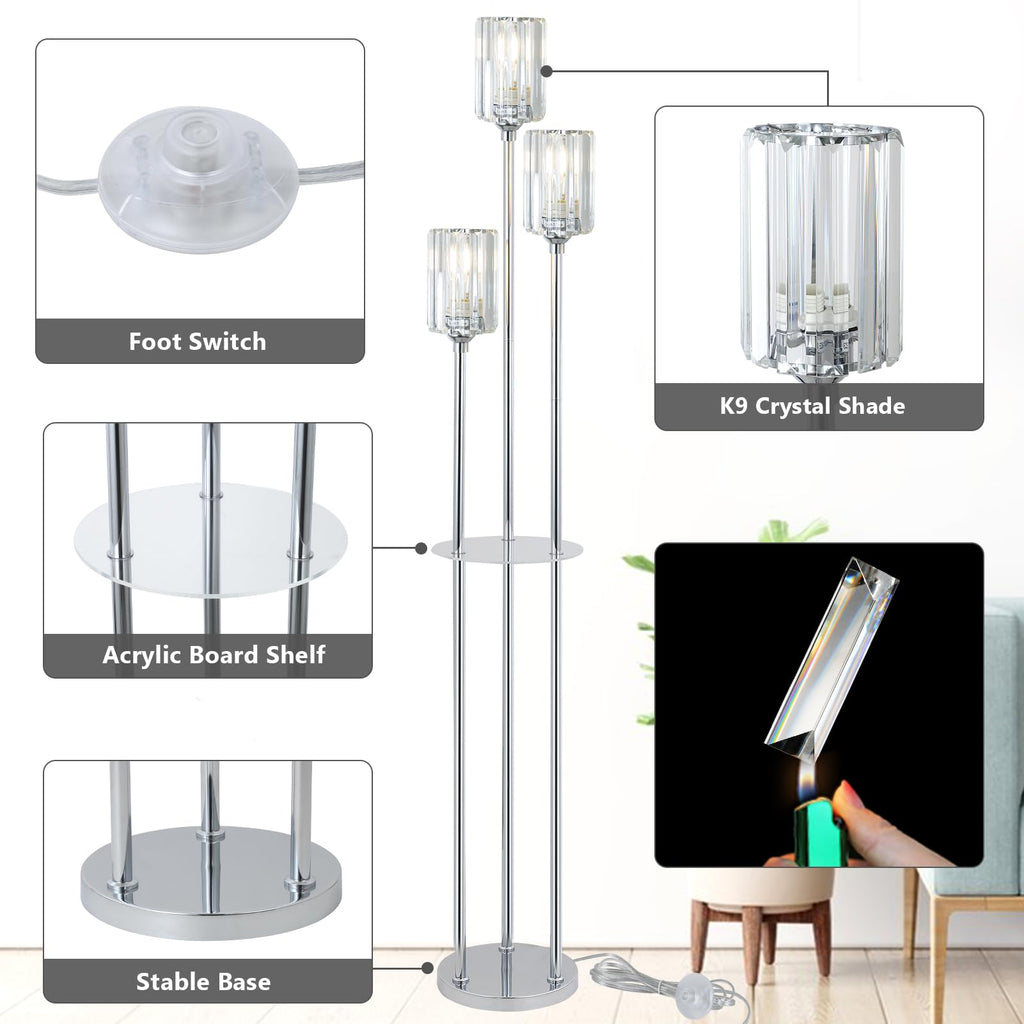 Crystal Floor Lamps, Modern Floor Lamp with Shelves, 3-Lights Standing Lamp with Crystal Shade, On/Off Foot Switch