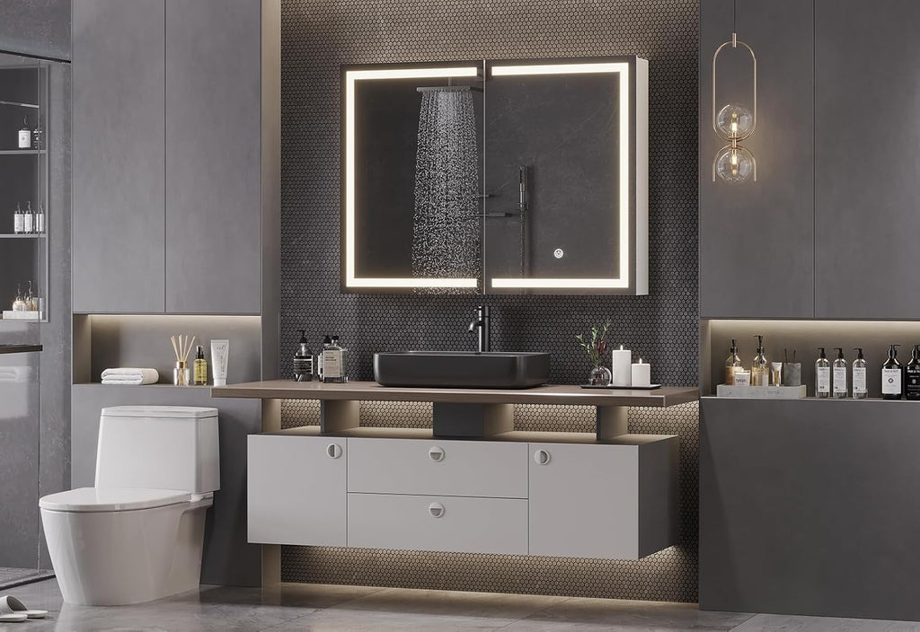 Bathroom Medicine Cabinet with Mirror and LED Light, Wall Mounted Bathroom Mirror with Storage, 2 Doors Bathroom Wall