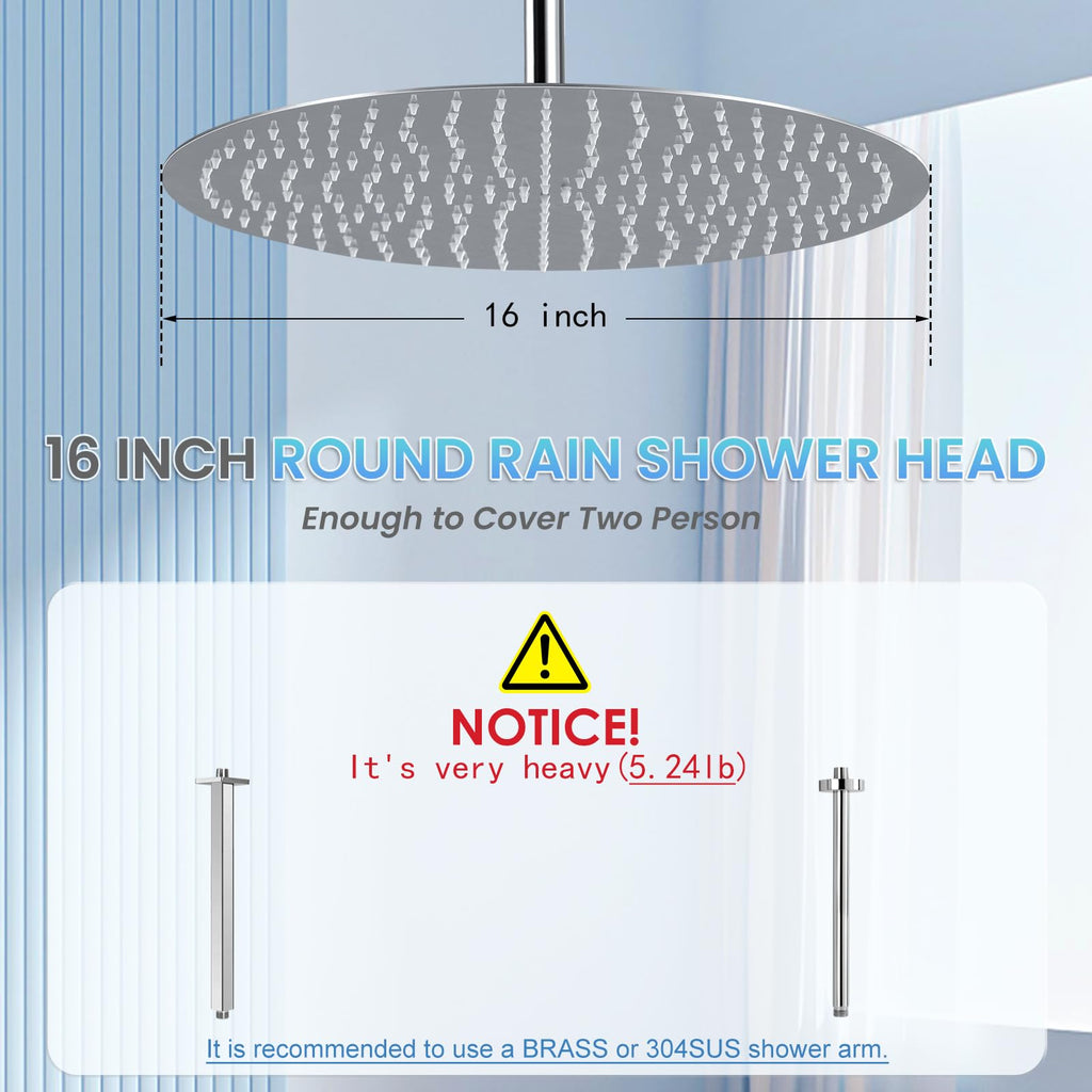 16 Inch Round Rainfall Shower Head Chrome - All Metal Stainless Steel 304, Full Body Rainfall Shower with 230