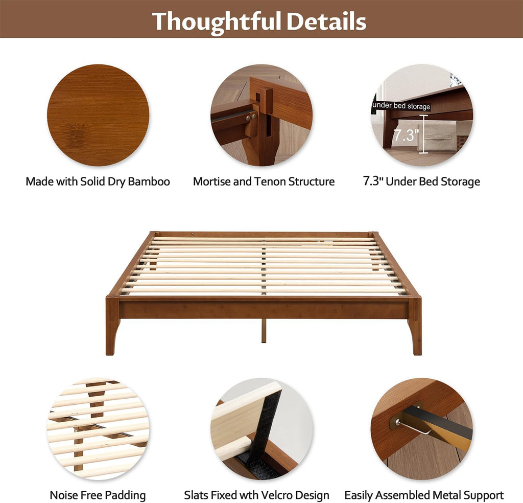 Queen Size Japanese Mid-Century Bamboo Wooden Bed Frame