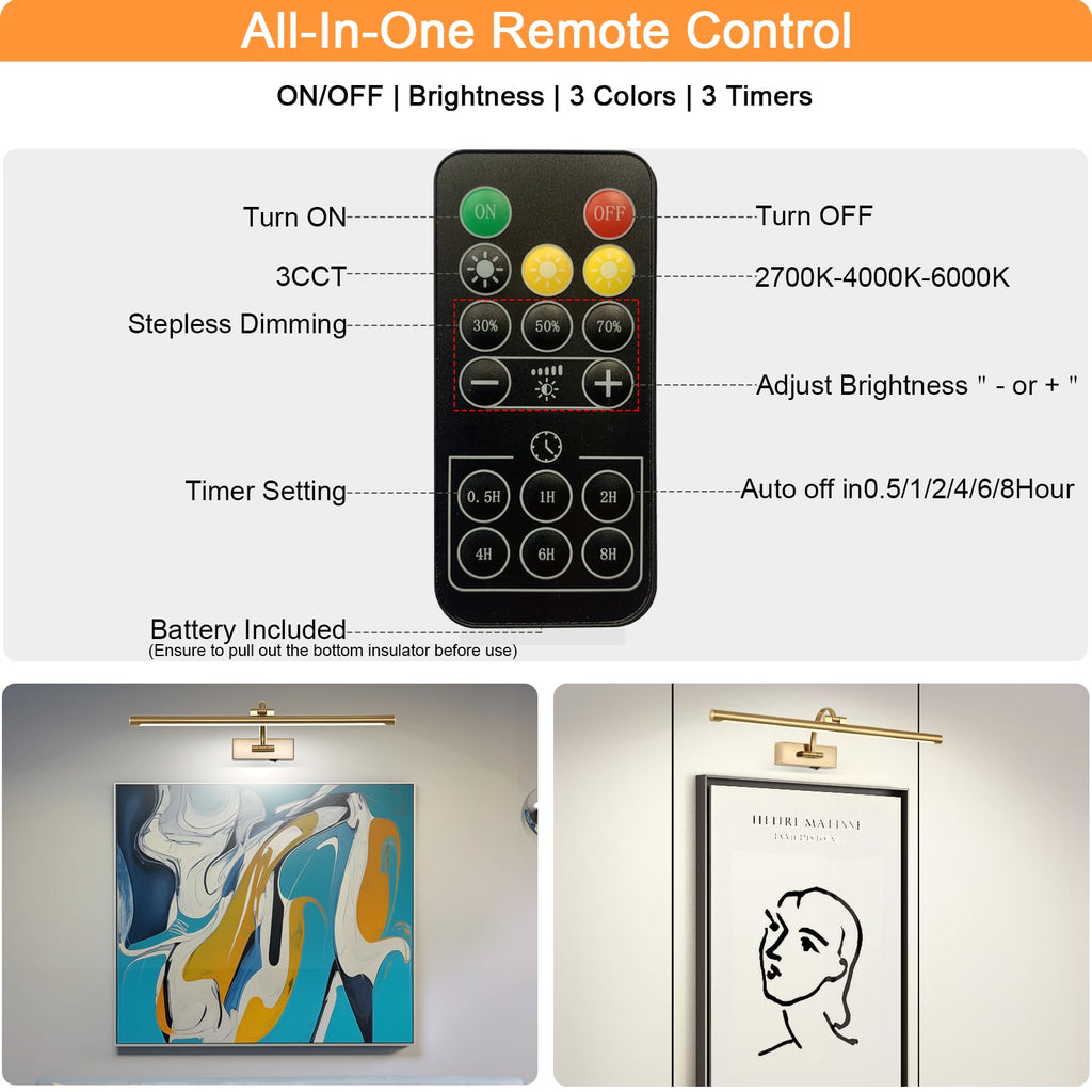 Picture Light Battery Operated with Remote, 3CCT Dimmable Picture Light for Paintings, Brass Rechargeable 24 inch