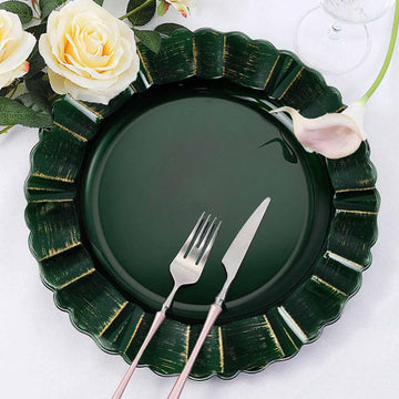13" Charger Plates -Set of 24 - Acrylic Hunter Green Round Disposable Chargers With Gold Brushed Wavy Scalloped Rim