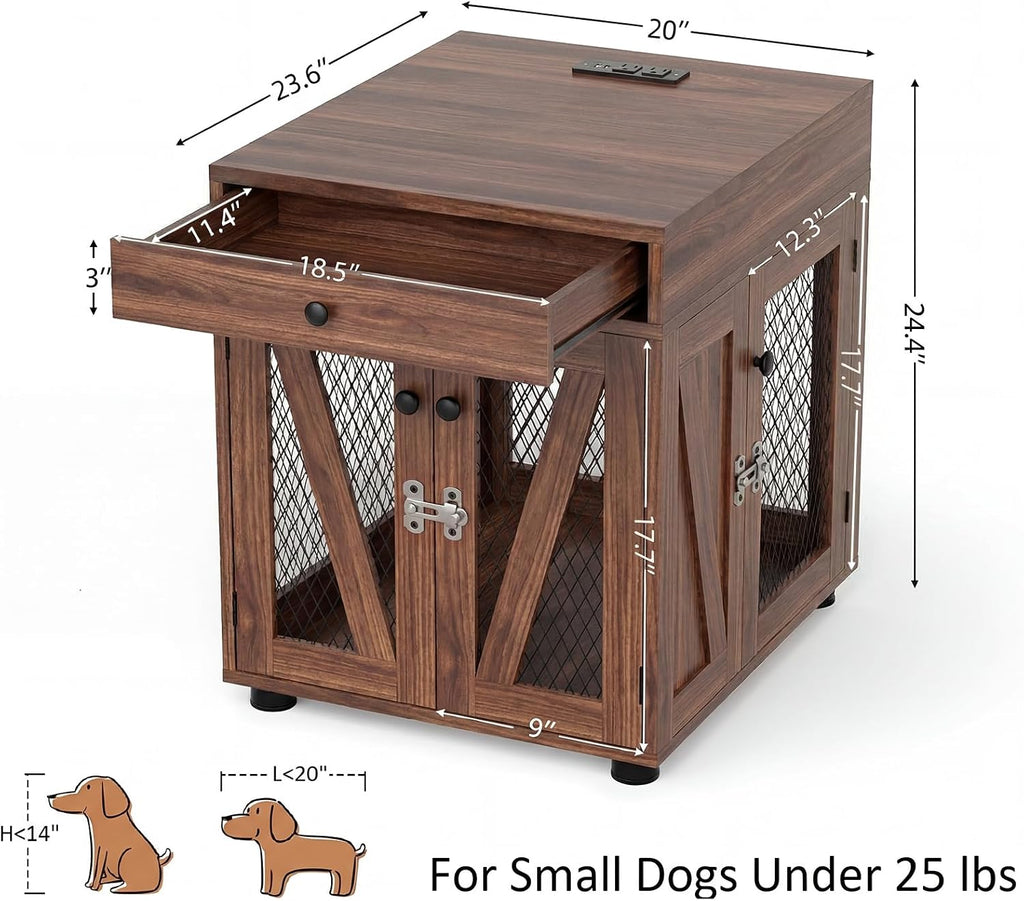 Wooden Dog Crate End Table with USB Charging Station, Walnut
