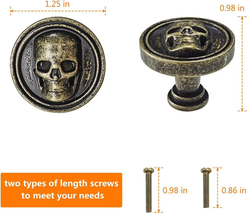 Vintage Skull Knob, 6 pcs Single Hole Cabinets Pulls for Drawer, Wardrobes, Bookcases, Dresser, Closets (Bronze)