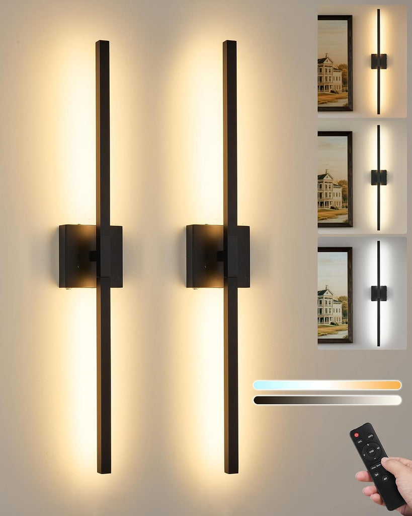 8000mAh Battery Operated Wall Sconce with Remote Control, 3000K-6000K Dimmable Black Wireless Rechargeable Wall