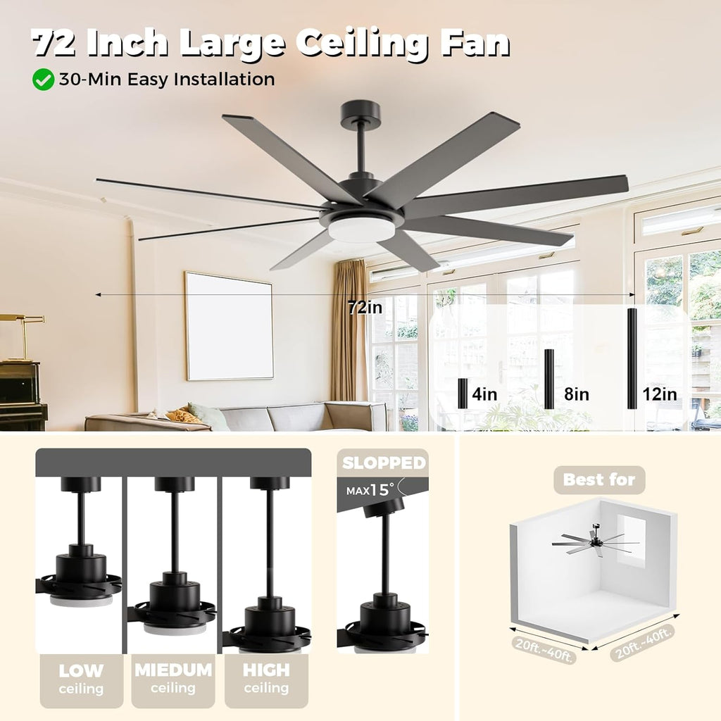 72 Inch Ceiling Fans with Lights and Remote, Outdoor Indoor Black LED Big Ceiling Fan Reversible 24db Quiet DC Motor, 6 Speed 3CCT Dimiable, Modern Ceiling Fans for Patios Living Room Farmhouse Garage A101-B0DFVYJ85G