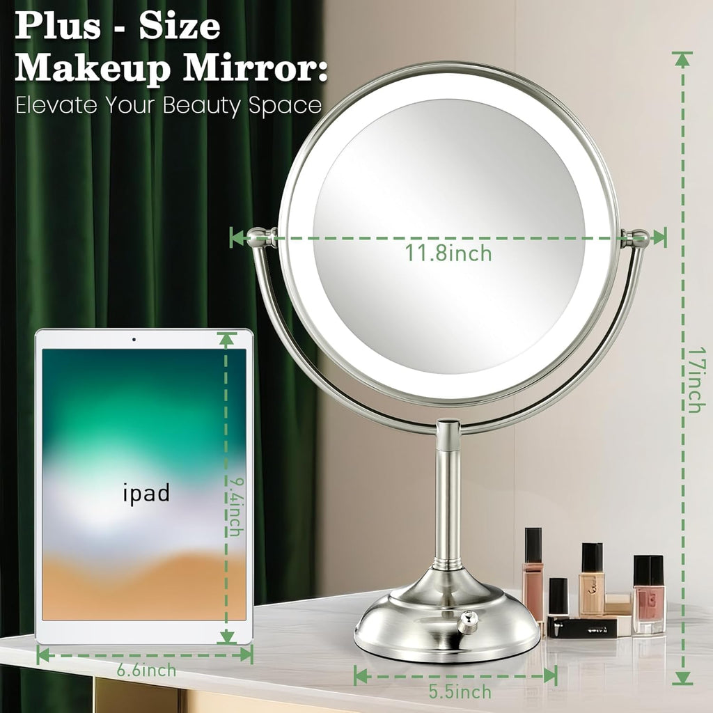 11.8" Extra Large 17" Tall Lighted Makeup Mirror, 1X/5X/10X 3-Sided Magnifying Mirror with 96 LEDs, 3 Color Dimmable