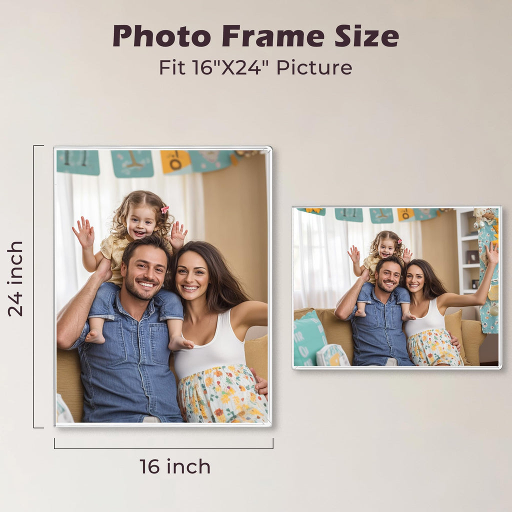 16 x 24 Acrylic Picture Frame, Horizontal/Vertical Clear Photo Frame for Wall with Tape, No Drilling Floating Hanging