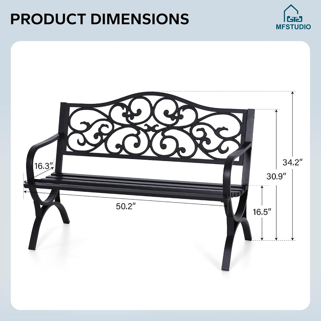 50 Inches Outdoor Garden Bench Cast Iron Metal Frame, Floral Black | E-Coating Anti-Rust Finish, Weatherproof Outdoor