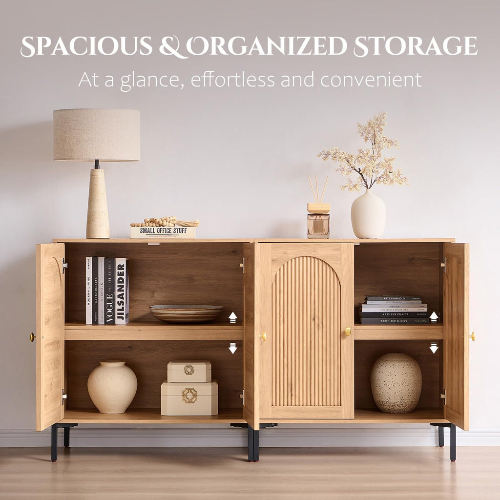 92.63" W Mid Century Modern TV Stands, Wood Entertainment Center w/Adjustable Shelves, Media Console Cabinet w/Arched