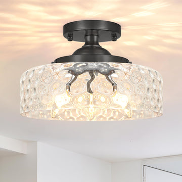 Black Semi Flush Mount Ceiling Light, 3-Light Ceiling Light with Hammered Glass, Vintage Hallway Lights, Closet Light