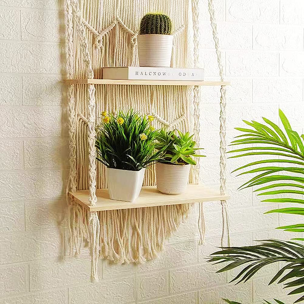 Macrame Wall Hanging Shelf - Boho Indoor Hanging Shelves for Wall - Decorative Bohemian Floating Plants Room Storage