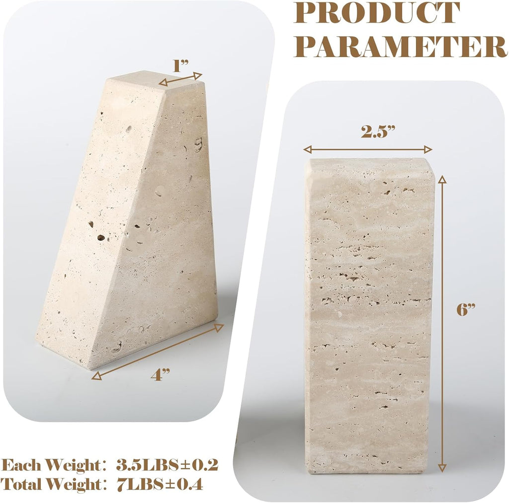 Travertine Bookends for Heavy Books, Marble Decorative Bookends for Shelves, Heavy-Duty Stone Book Ends for Hardback