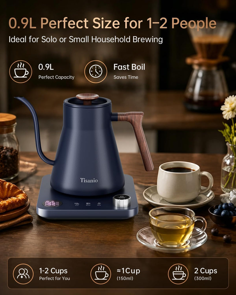 Gooseneck Electric Kettle with Temperature Control, 0.9L, Blue Wood | ±1°F Precision Pour Over Kettle, LCD Dual