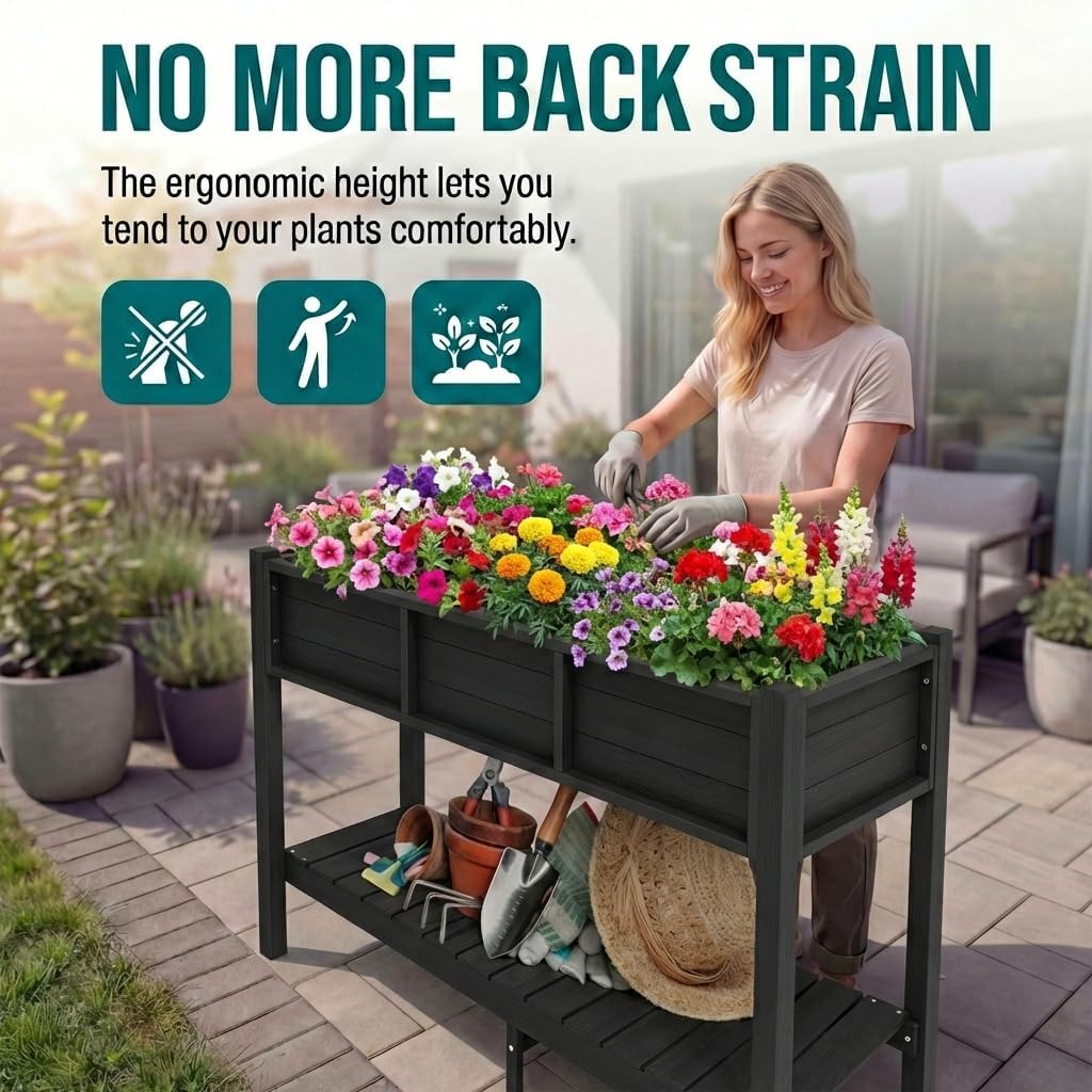 Raised Garden Bed HDPE 2PCS, 48x18x30in Raised Planter Box with Legs & Storage Shelf, Poly-Wood Weather-Resistant