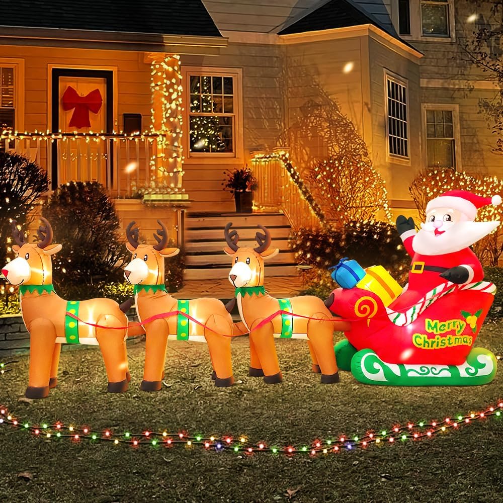 12FT Christmas Inflatables Santa Claus on Sleigh with Reindeer Deer Merry Christmas Winter Blow up Yard Décor LED