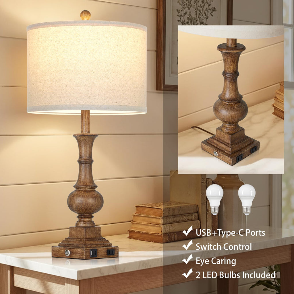 26" Tall Farmhouse Rustic Table Lamps Set of 2, Vintage Retro Nightstand Table Lamp with USB C+A Charging Ports & AC
