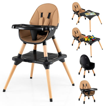 High Chair, 6-in-1 Convertible Wooden High Chairs for Babies and Toddlers w/Building Block Table, 5-Point Safety
