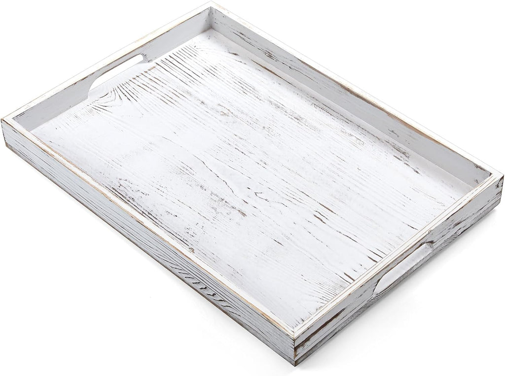 17 Inch Rustic White Serving Tray with Handles - Large Wooden Tray for Ottoman