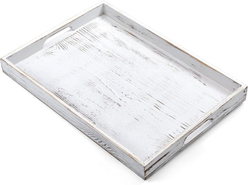 17 Inch Rustic White Serving Tray with Handles - Large Wooden Tray for Ottoman