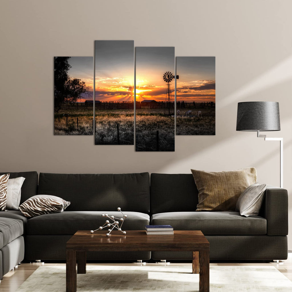 Farm Landscape Pictures Wall Art Decor Rustic Farmhouse Windmill at Sunset Scenery Photograph Painting Giclee Print