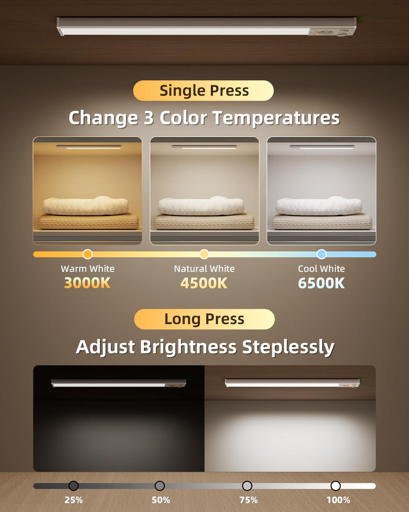 Under Cabinet Lighting Wireless, 6Pack 12'' Rechargeable Closet Lights, LED Motion Sensor Indoor, Dimmable & 3 Color