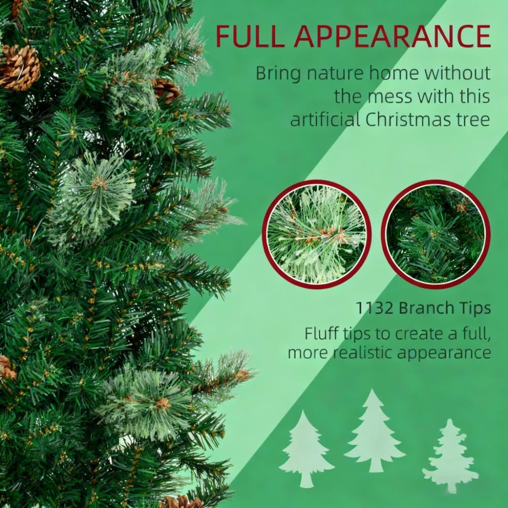 Slim Artificial Christmas Tree, Unlit Pencil Tree with Pine Cones