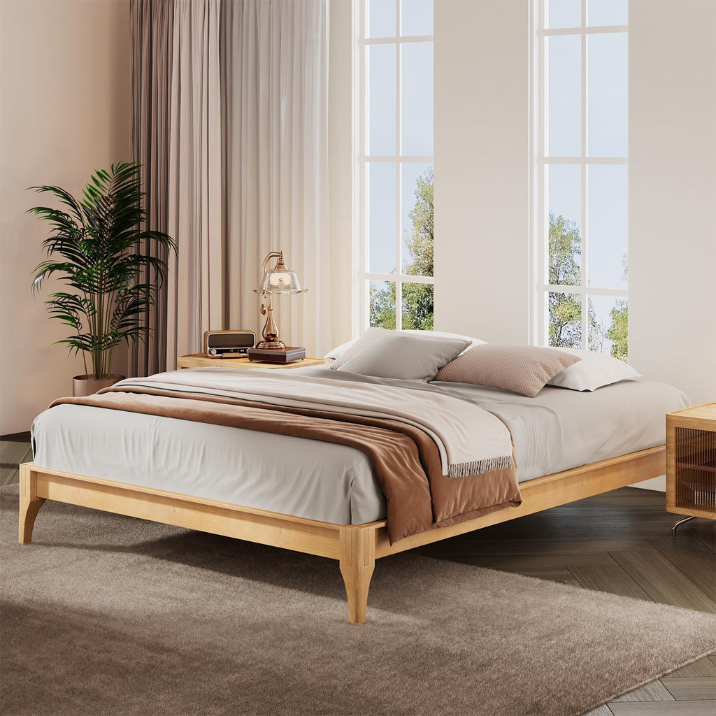 Japanese Natural Bamboo Bed Frame, 7.3"Storage Space Wood Platform Bed, Low Profile Floating Design Without