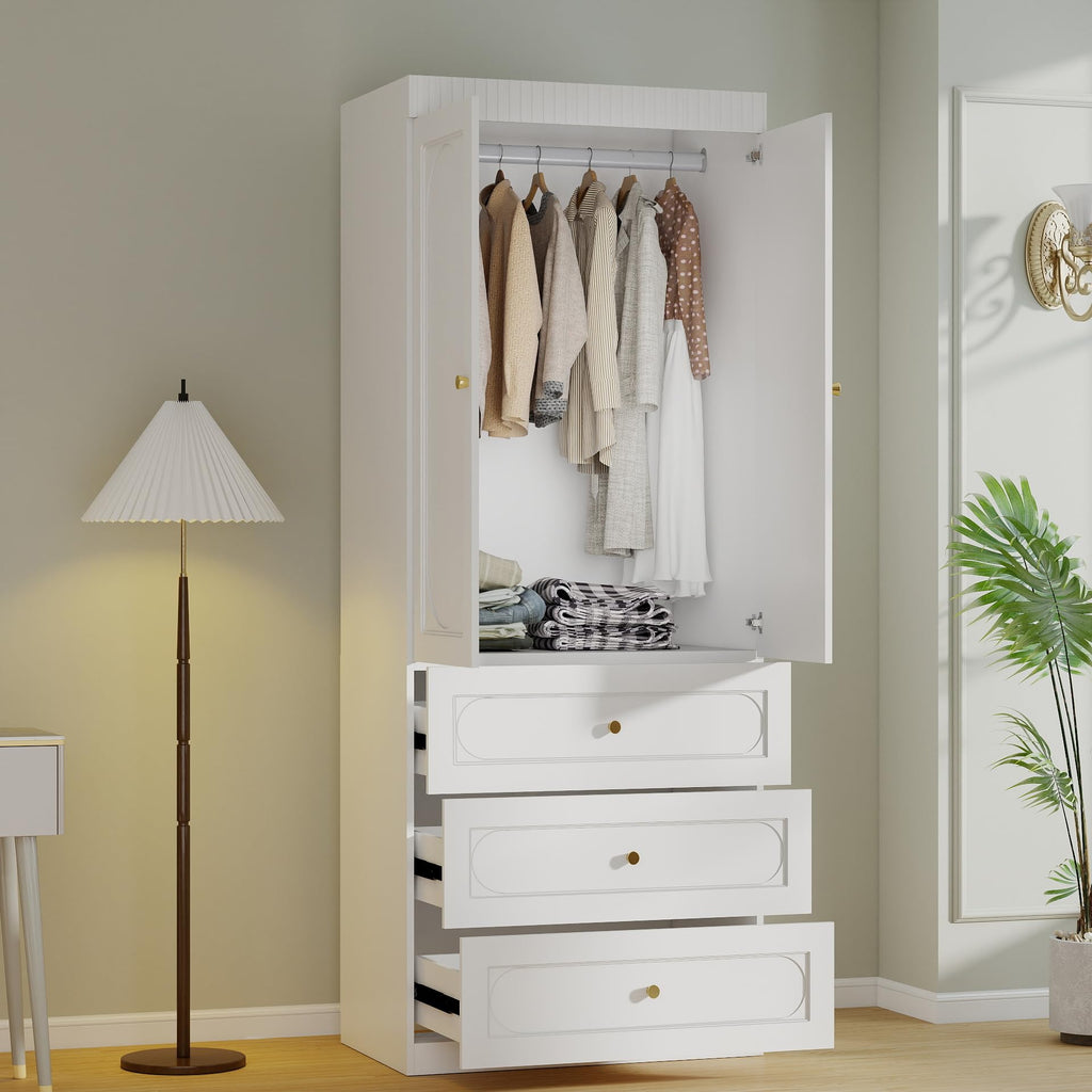 White Wardrobe Closet with 3 Drawers and 2 Doors, 75" H x 32" W