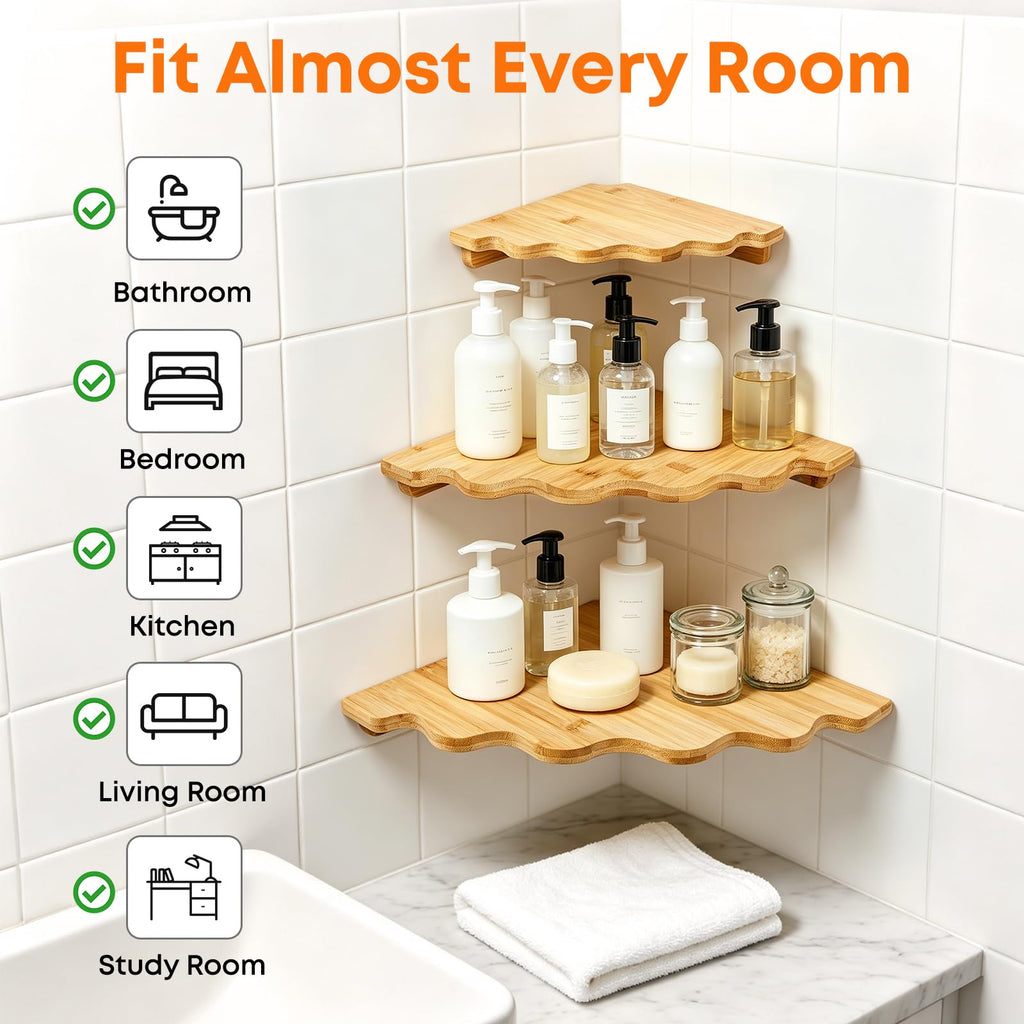 Corner Floating Shelf Wall Mount, Set of 3 Floating Corner Shelves, Bamboo Wood Corner Hanging Shelves with Cord Hole