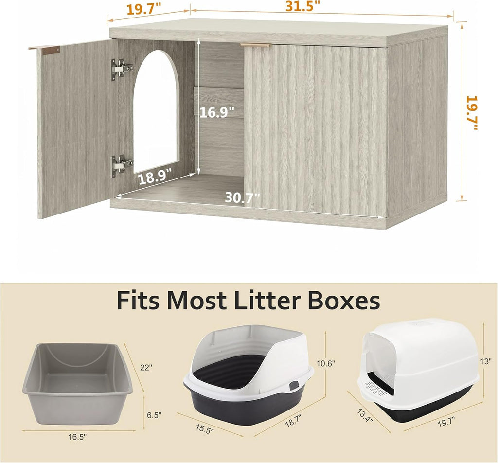 Cat Litter Box Enclosure, Modern Fluted Accent, Cream Gray