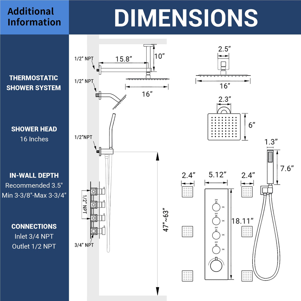 Thermostatic Dual Shower Head System with 6 Body Jets, 6-Inch Shower & 16" Rainfall Shower, Luxury Brushed Nickel