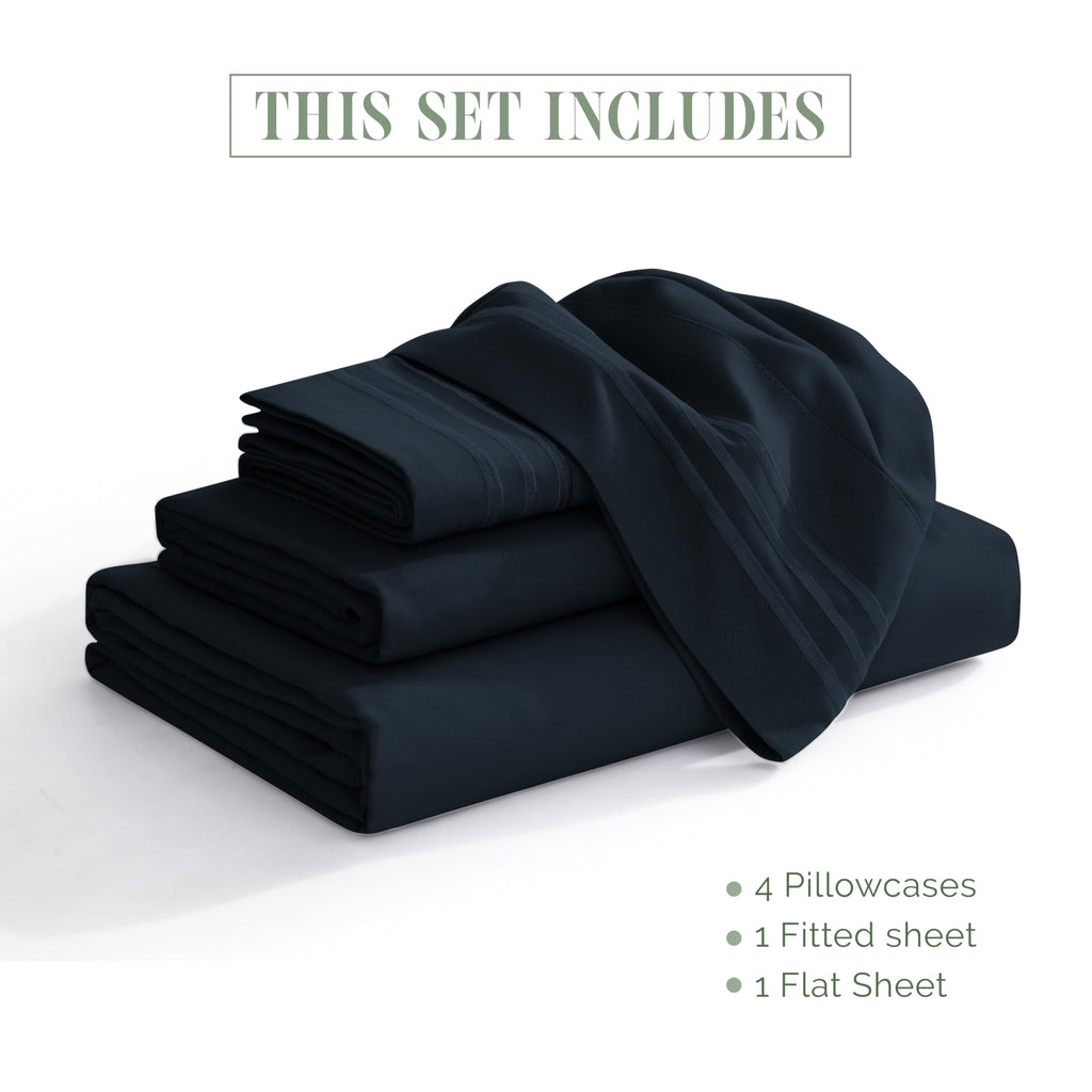 Luxurious 1500 Premium Hotel Quality Microfiber Three Line Embroidered Softest 4-Piece Bed Sheet Set, Wrinkle and