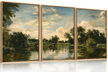Vintage Sage Green Lake Landscape Framed Canvas Wall Art Set, Watercolor French Country Forest Wall Decor, Rustic