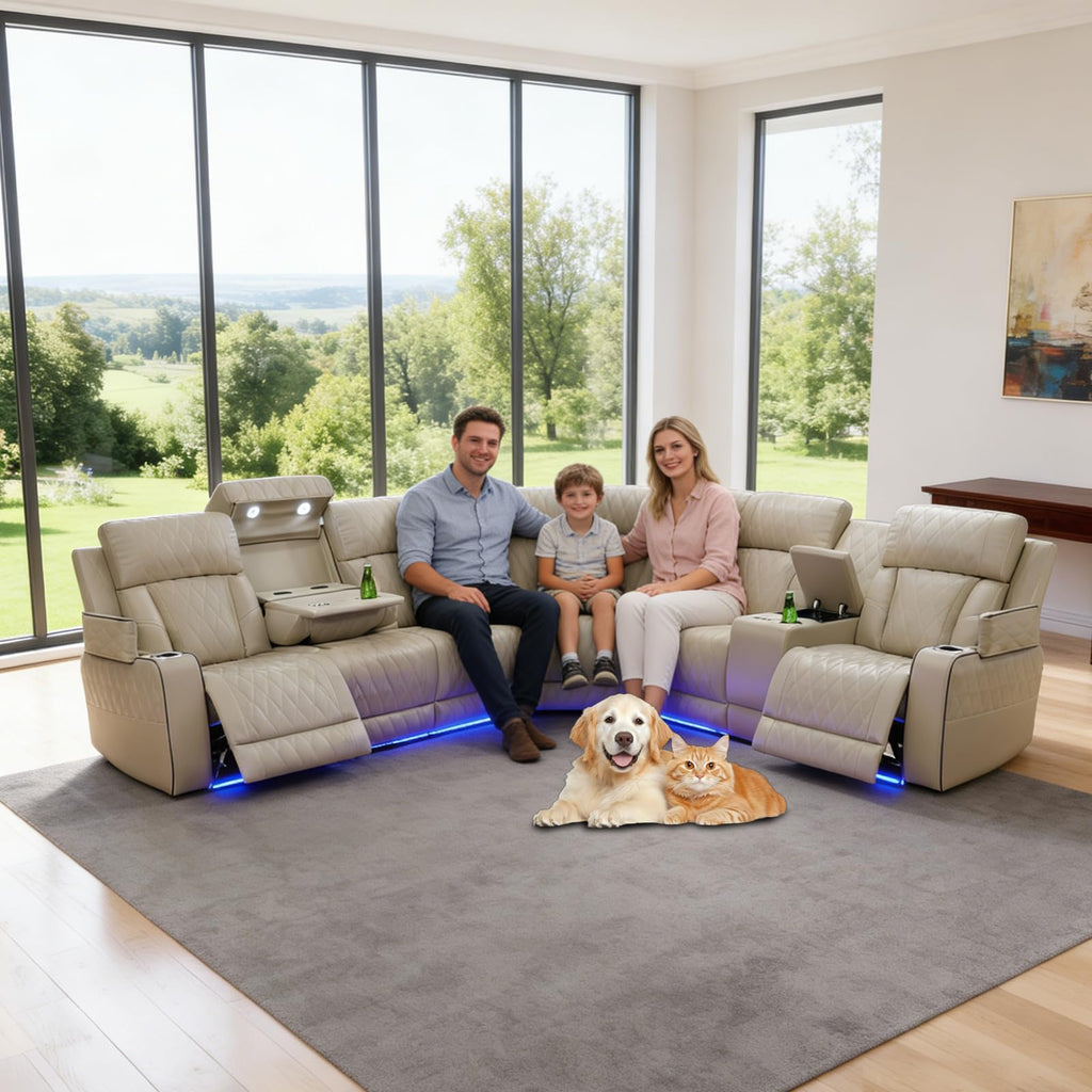 Power Reclining Leather Sectional Sofa Theater, Electric Recliner Couch with Wireless Power, LED Ambient Lighting