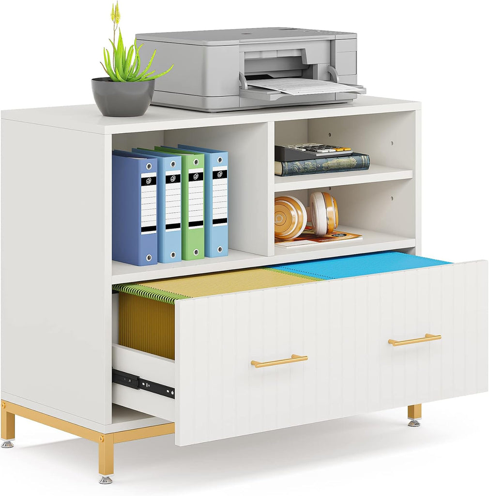 Lateral File Cabinet with Drawer, White Filing Cabinet for Letter/Legal/A4 Size Files, 35.4" Modern Wood File Storage