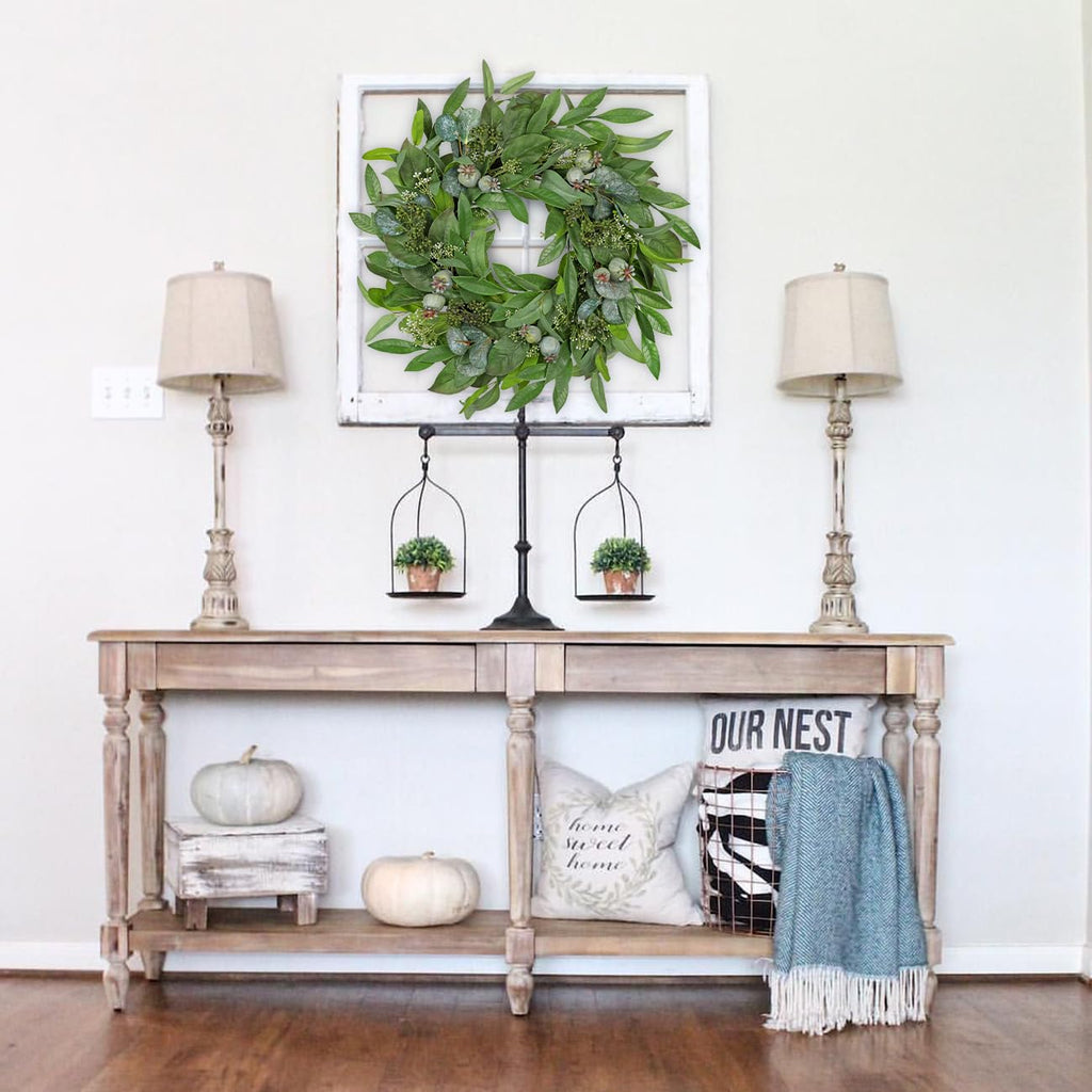 24" Artificial Greenery Wreath for Front Door, Fake Magnolia Leaf Silk Wreath with Berries, Outdoor Faux Eucalyptus