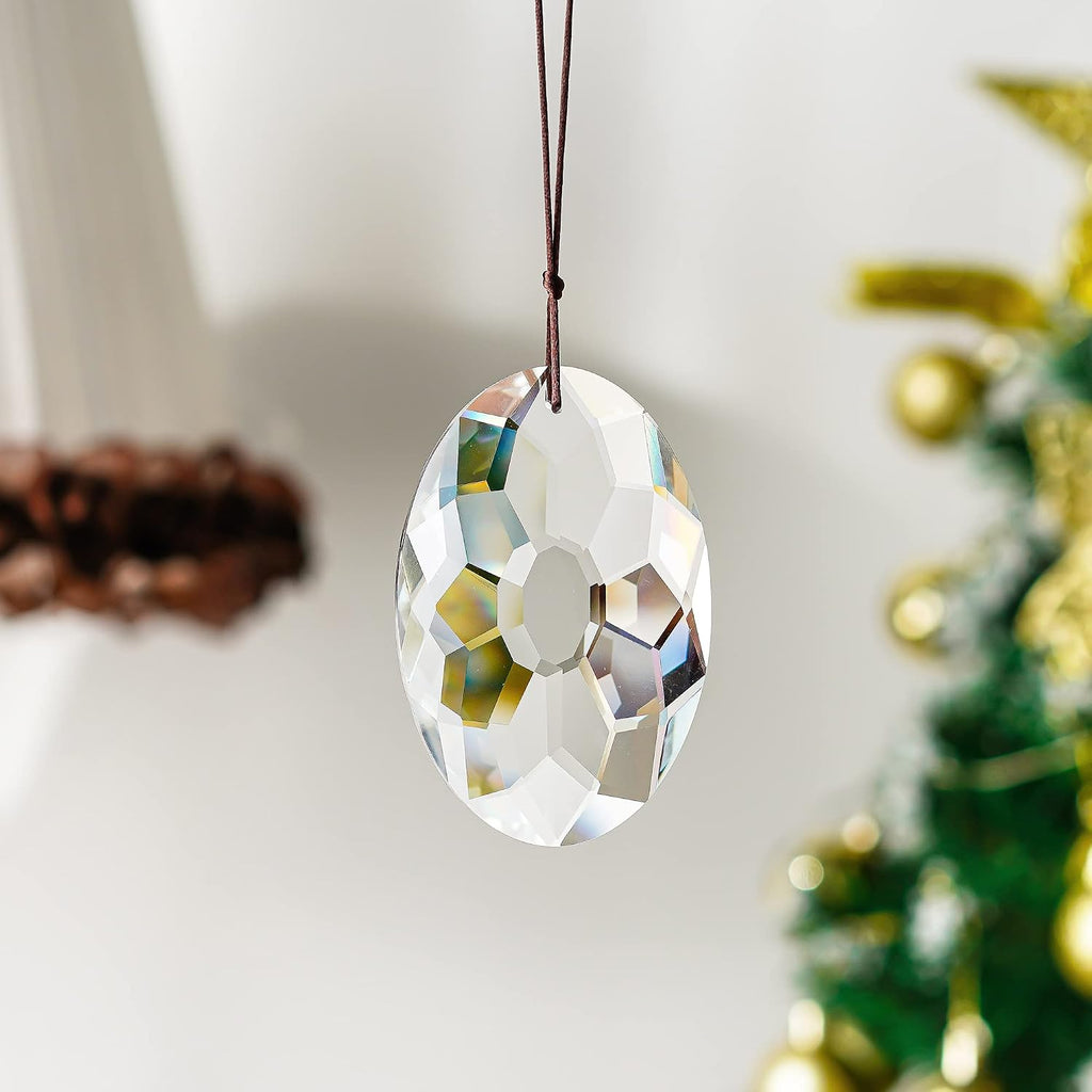 3.5 Inch Oval Crystal Prism Suncatcher, Clear Rainbow Maker - Clear Faceted Crystal Design, Window Hanging Pendant