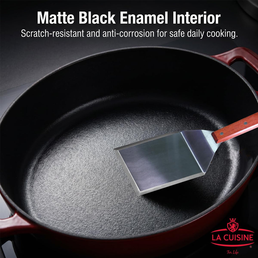 La Cuisine Enameled Cast Iron Braiser Sauté Pan Shallow Dutch Oven with Golden Knob for Lid Internal Matt Black