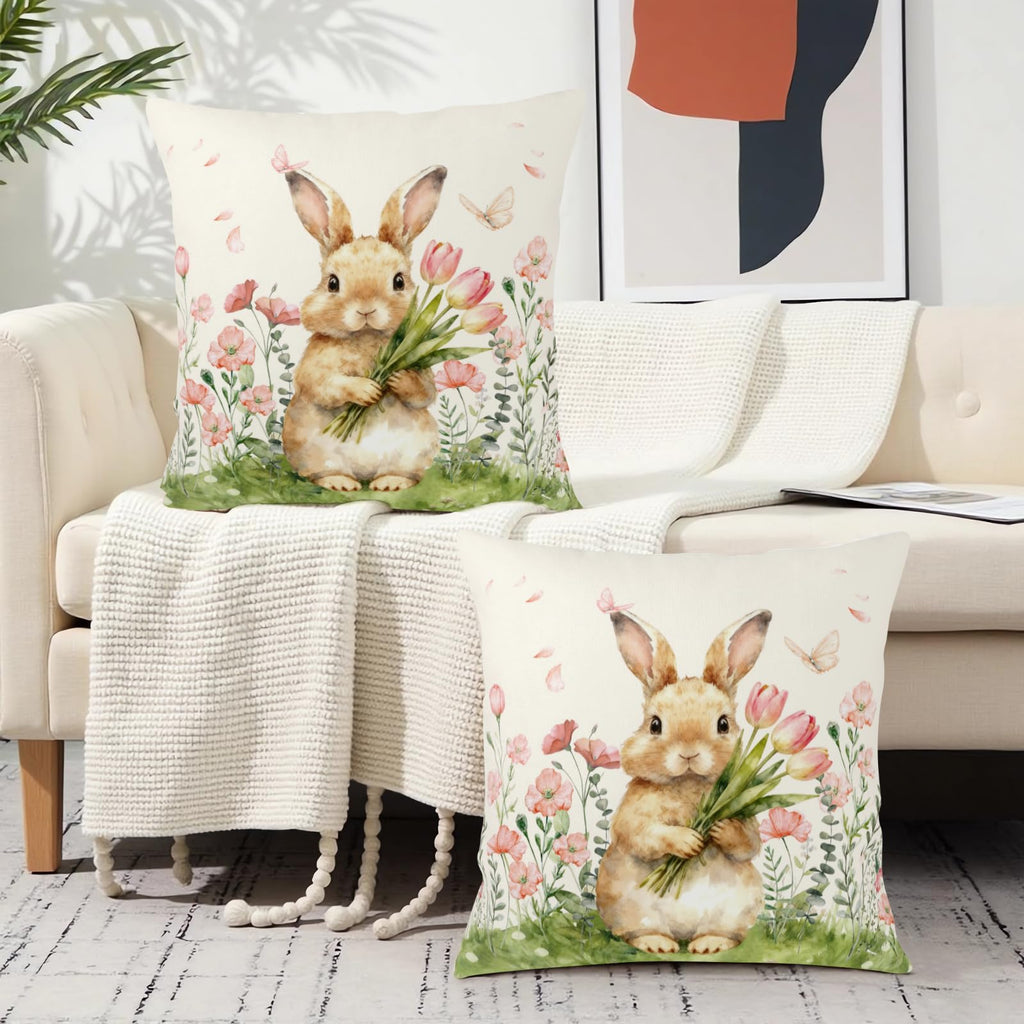 Easter Bunny Outdoor Pillow Covers 16x16 Set of 2 Watercolor Pink Flowers Pillows Cases Farmhouse Rabbit Floral