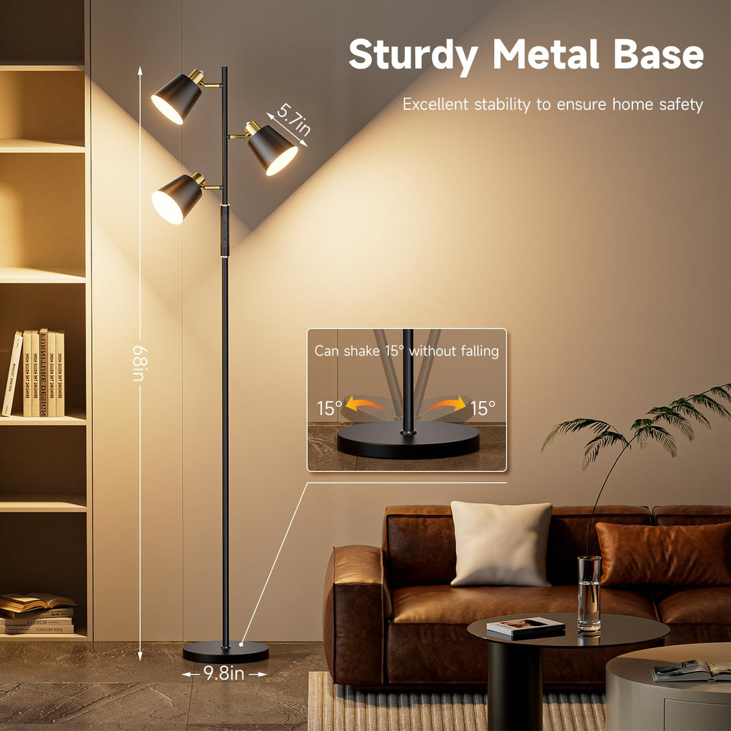 36W LED Tree Floor Lamp, 3 Rotatable Lights Standing Lamps