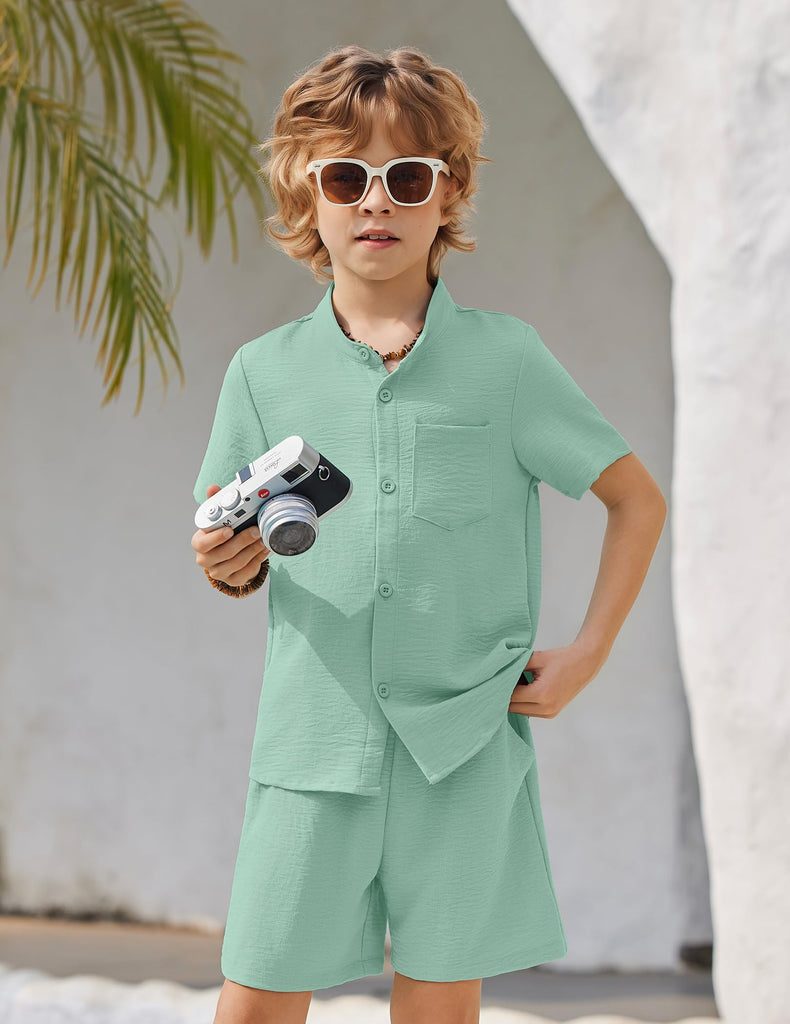 Toddler Boys Clothes Green Button Down Shirt and Shorts Set