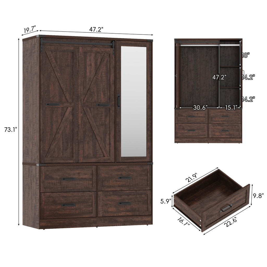Farmhouse 3-Door Armoire Closet w/Mirror & LED, Rustic Brown