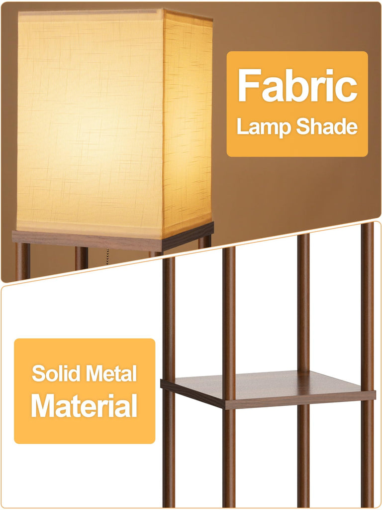 Floor Lamp with Shelves Walnut Brown, Shelf Floor Lamp with 3 CCT LED Bulb, Corner Display Standing Column Lamp