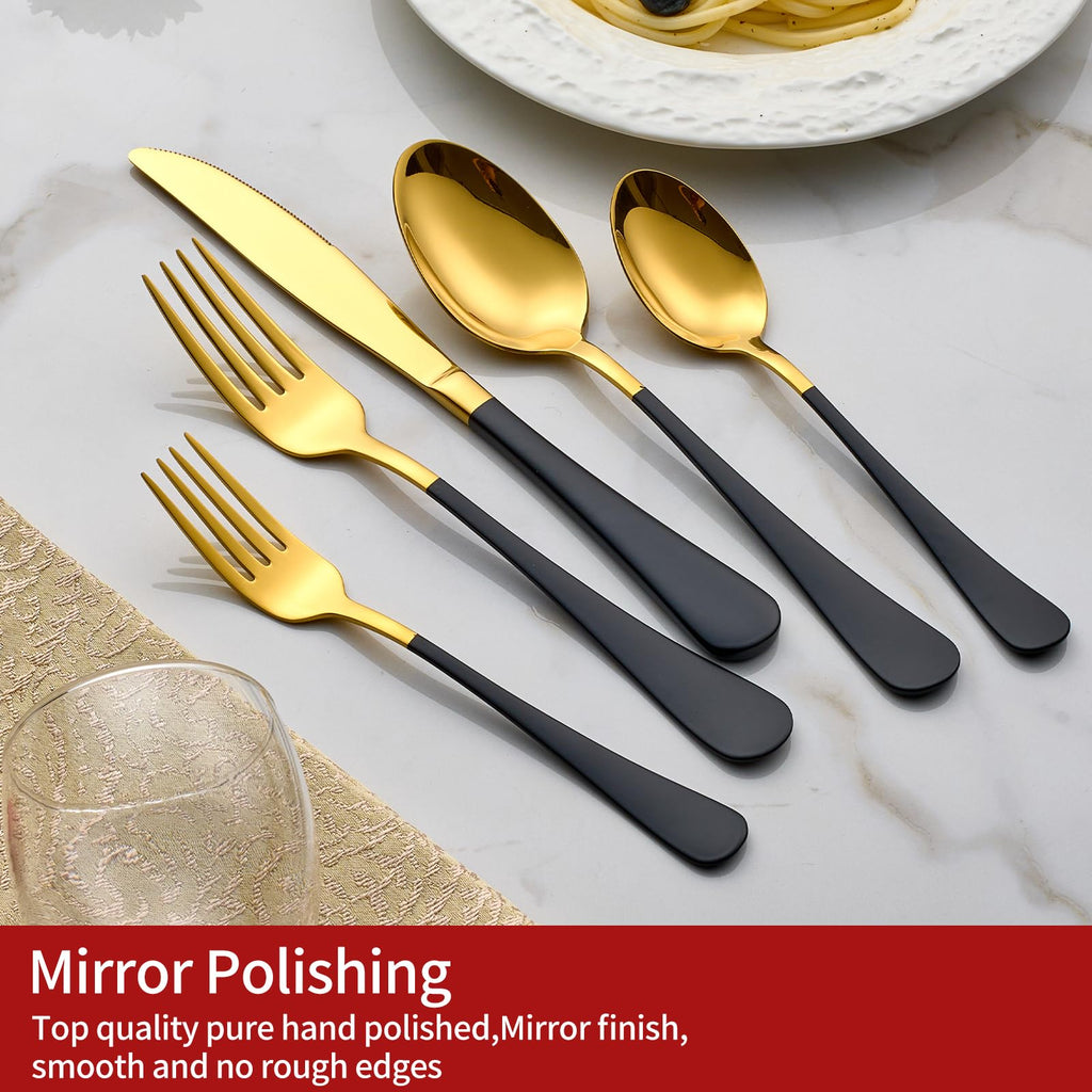 20-Piece Gold Silverware Set 18/0 Stainless Steel Flatware Black Handle Cutlery Set Service for 4 Dinner Knives Forks
