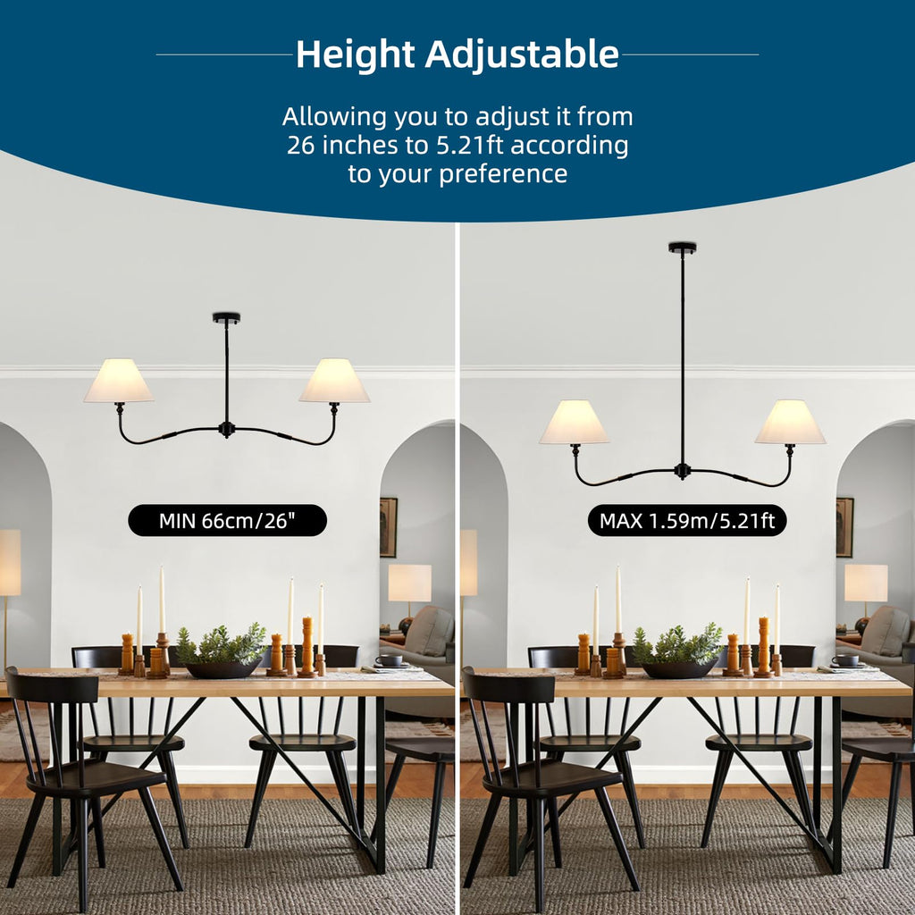 47" Modern Linear Chandelier Island, 2-Light Black Linear Dining Room Light Fixture with White Fabric Shade, Hanging