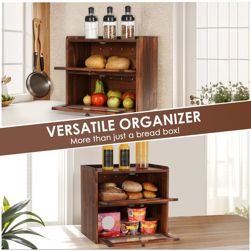 Countertop Wooden Bread Storage Container Bin 2 Layer Breadbox Holder Large Capacity Keeper Vintage Farmhouse Food
